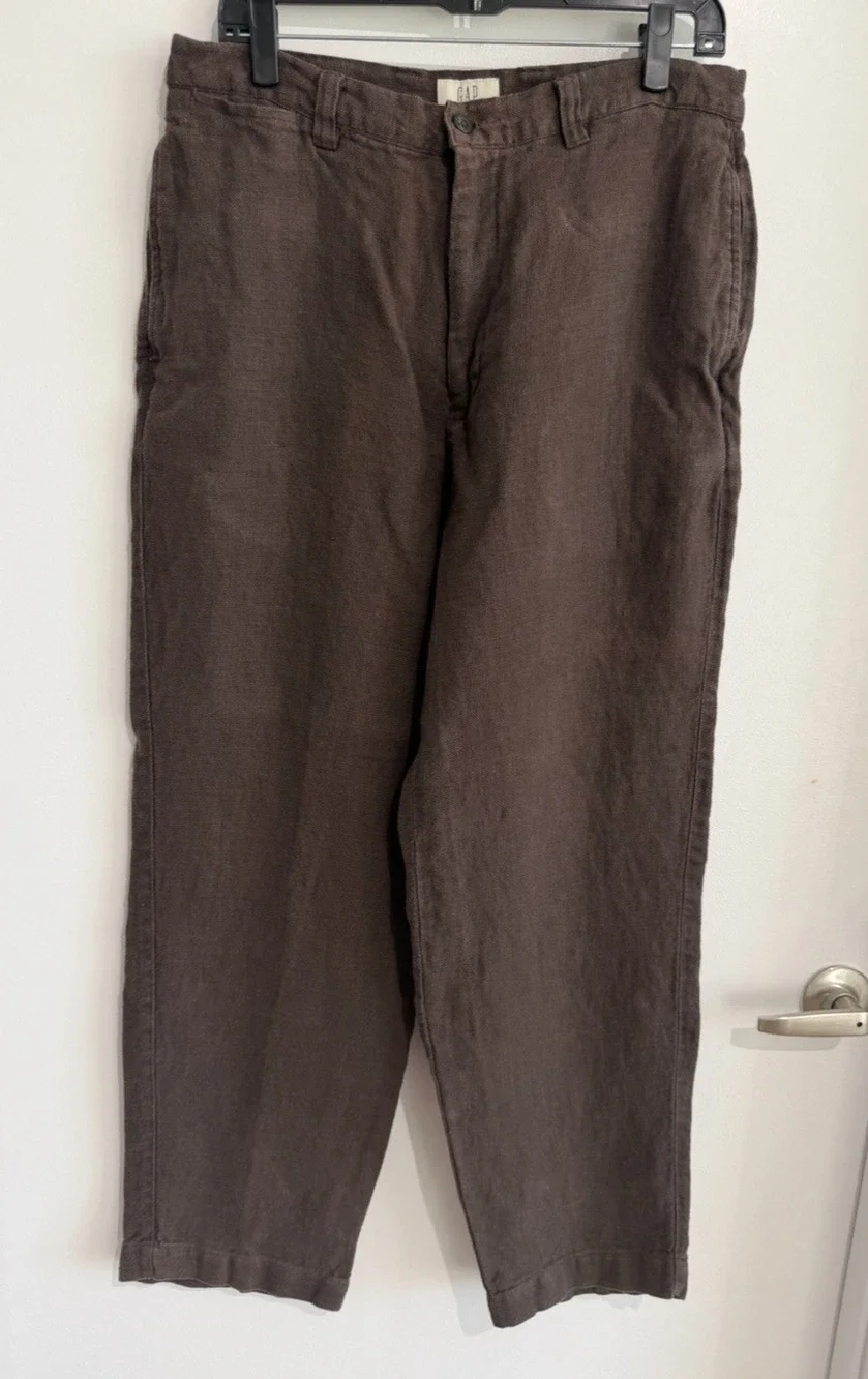 Vintage Gap Pants 34x30 100% thick Linen Trouser Brown Flat tapered 90s Unisex